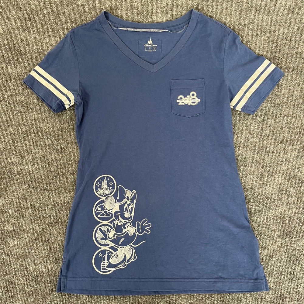 Disney Parks Walt Disney World 2018 Minnie Mouse V-Neck Pocket T-Shirt Blue S